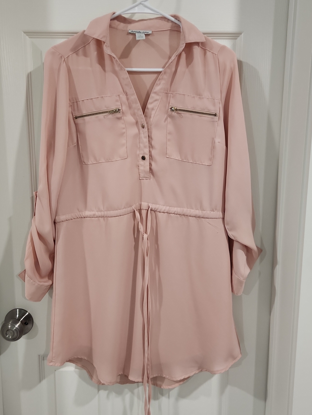 Charlotte Russe Sheer Chiffon Tie-Waist Tunic Size Small Light Pink Zip Pockets